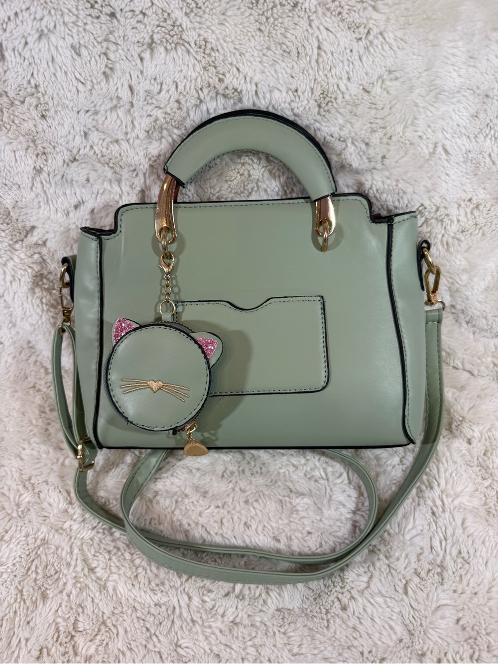 Mint Green Structured Satchel Handbag with Cat Charm